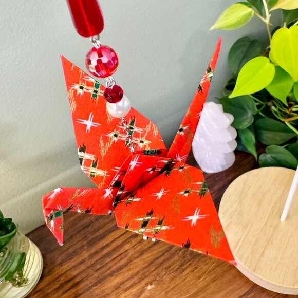 Origami Holiday Ornament #2330 - Large Crane with Handmade Paper & Enamel Santa - Picture 4 of 7
